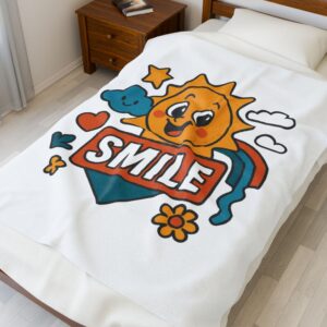 smiley sun velveteen plush blanket cozy home decor, gift for kids, nursery, inspirational, birthday, playroom