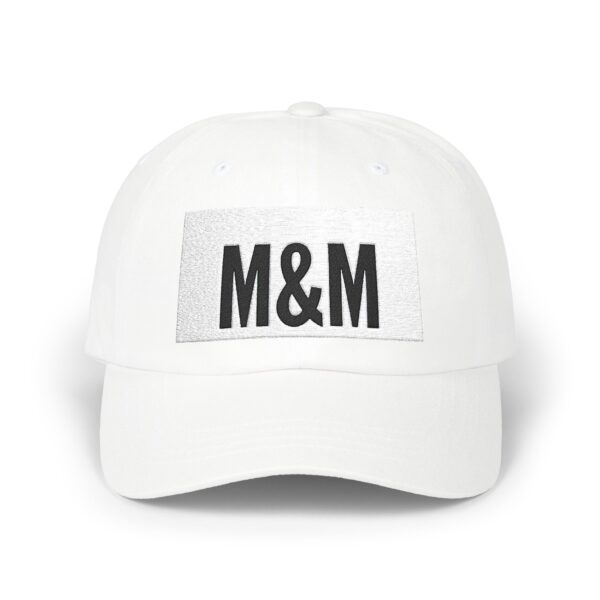 classic dad cap with m&m embroidery, casual summer hat, birthday gift for fathers, adjustable baseball cap, unisex fashion accessory