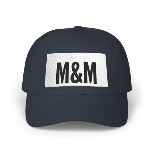 classic dad cap with m&m embroidery, casual summer hat, birthday gift for fathers, adjustable baseball cap, unisex fashion accessory
